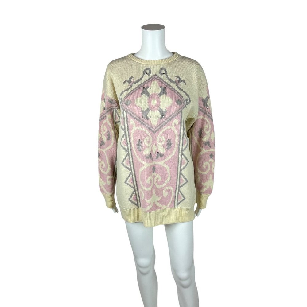 Vintage 80s Tunic Sweater Women's M Pink Cream Filigree Rhinestone Oversize Pull